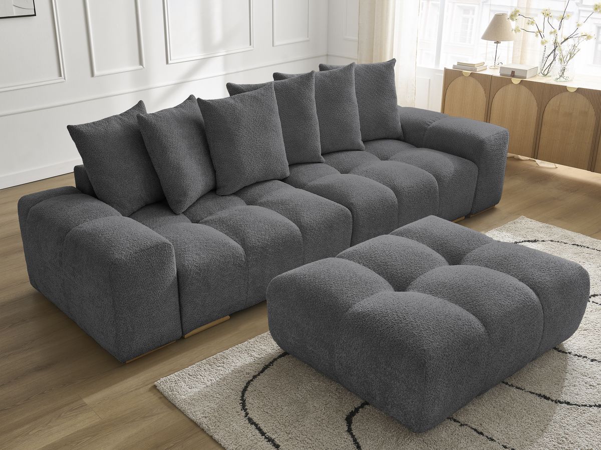 Bobochic Anakin Sofa 3-Sitzer mit Pouf, 6 Kissen Bouclé-Stoff Dunkelgrau