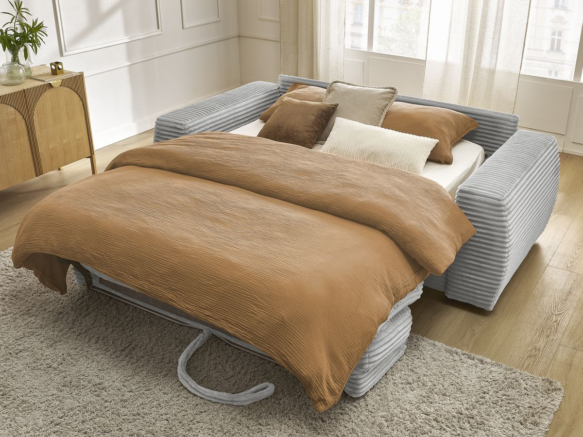 Bobochic Hugo Schlafsofa 3-Sitzer Cordsamt Hellgrau, Liegefläche 160 × 190 cm