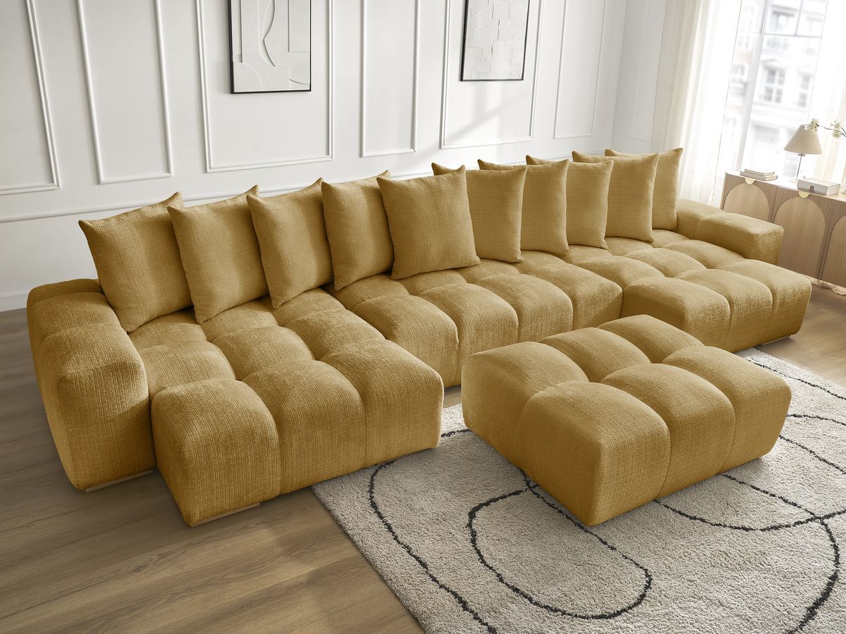 Bobochic Anakin Wohnlandschaft mit Pouf, 10 Kissen Strukturstoff Gelb