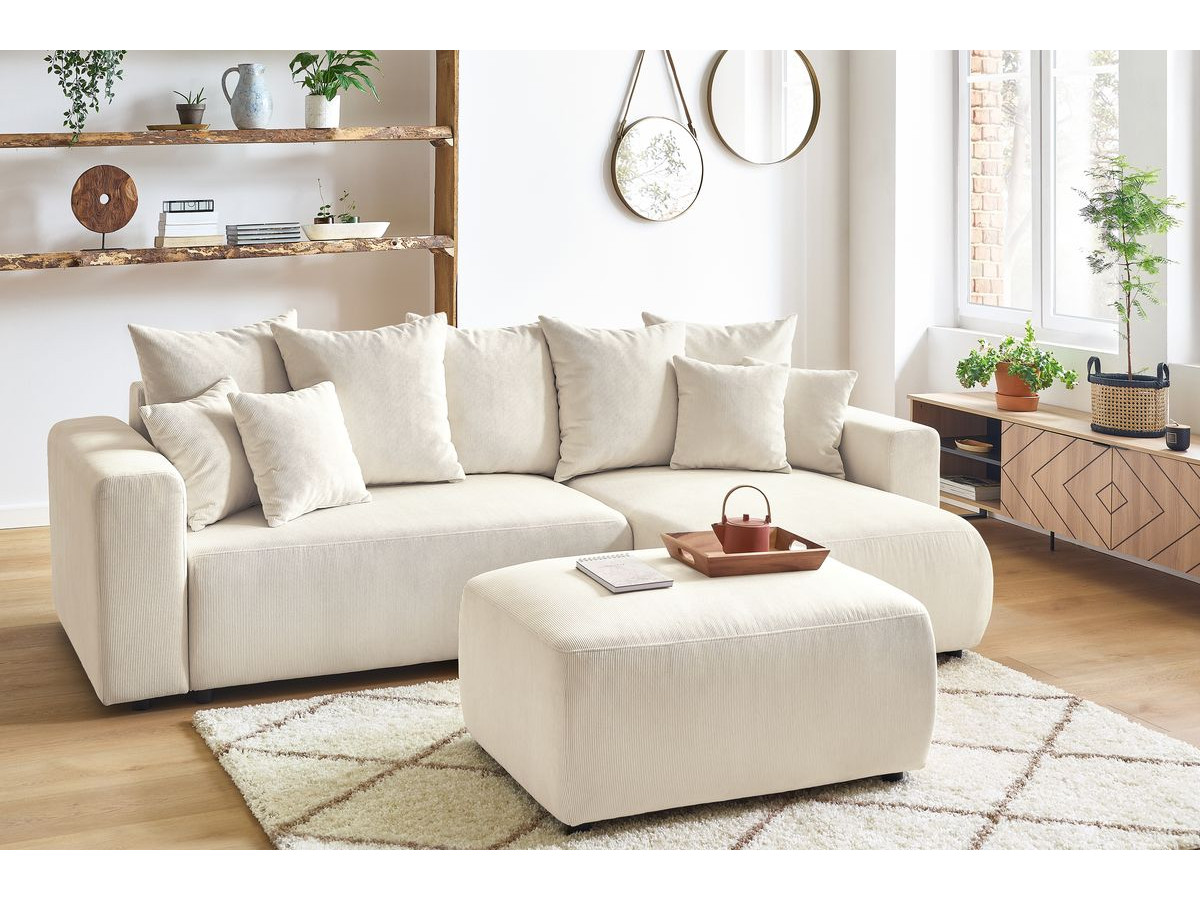 Bobochic Envy Ecksofa mit Schlaffunktion und Bettkasten und Pouf Cordsamt Beige