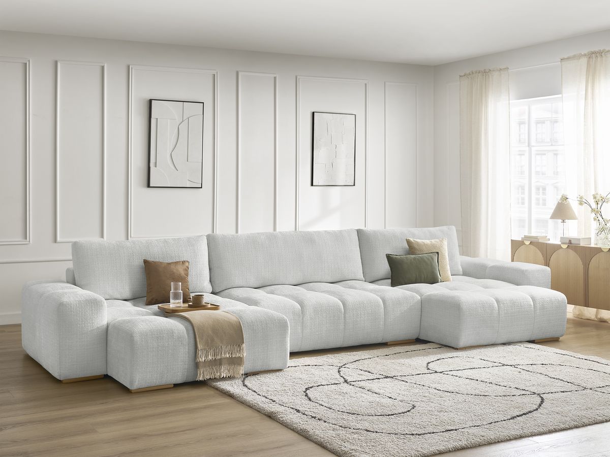 Bobochic Anakin Wohnlandschaft, Liegefläche 137 × 382 cm, 3 Kissen Strukturstoff Hellgrau
