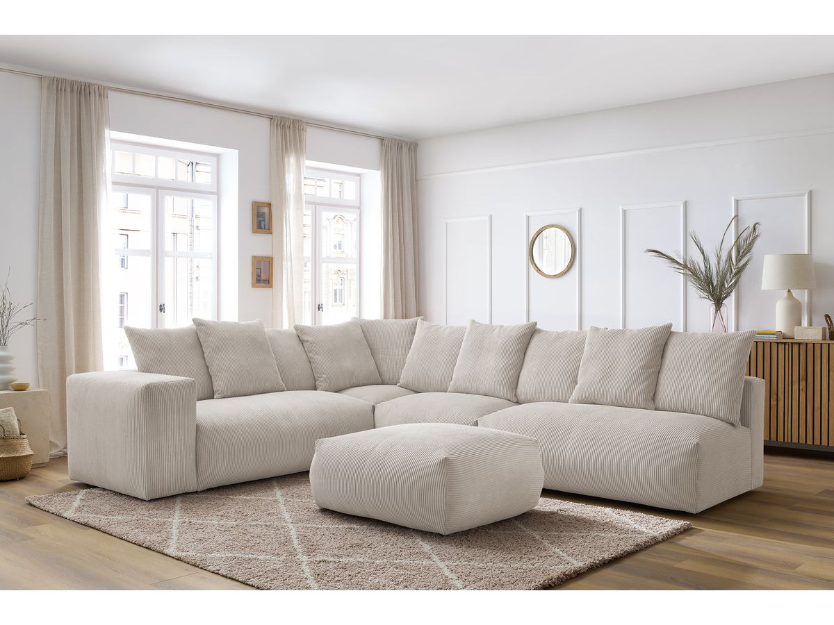Bobochic Voltaire Ecksofa mit Pouf 322 × 268 cm Cordsamt Beige Ecke links