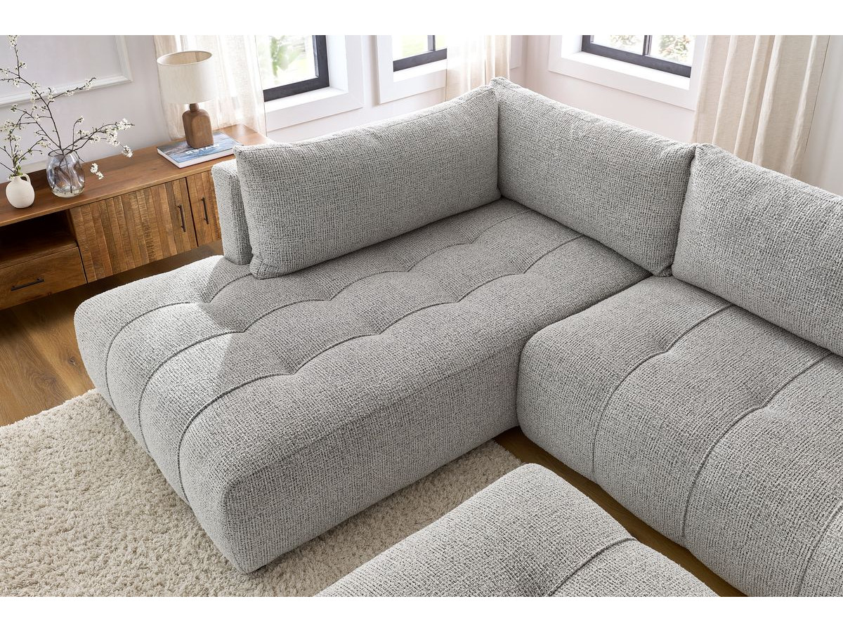 Bobochic Arsene Ecksofa mit Schlaffunktion und Bettkasten und Pouf 277 × 200 cm Melange-Stoff Hellgrau Ecke links