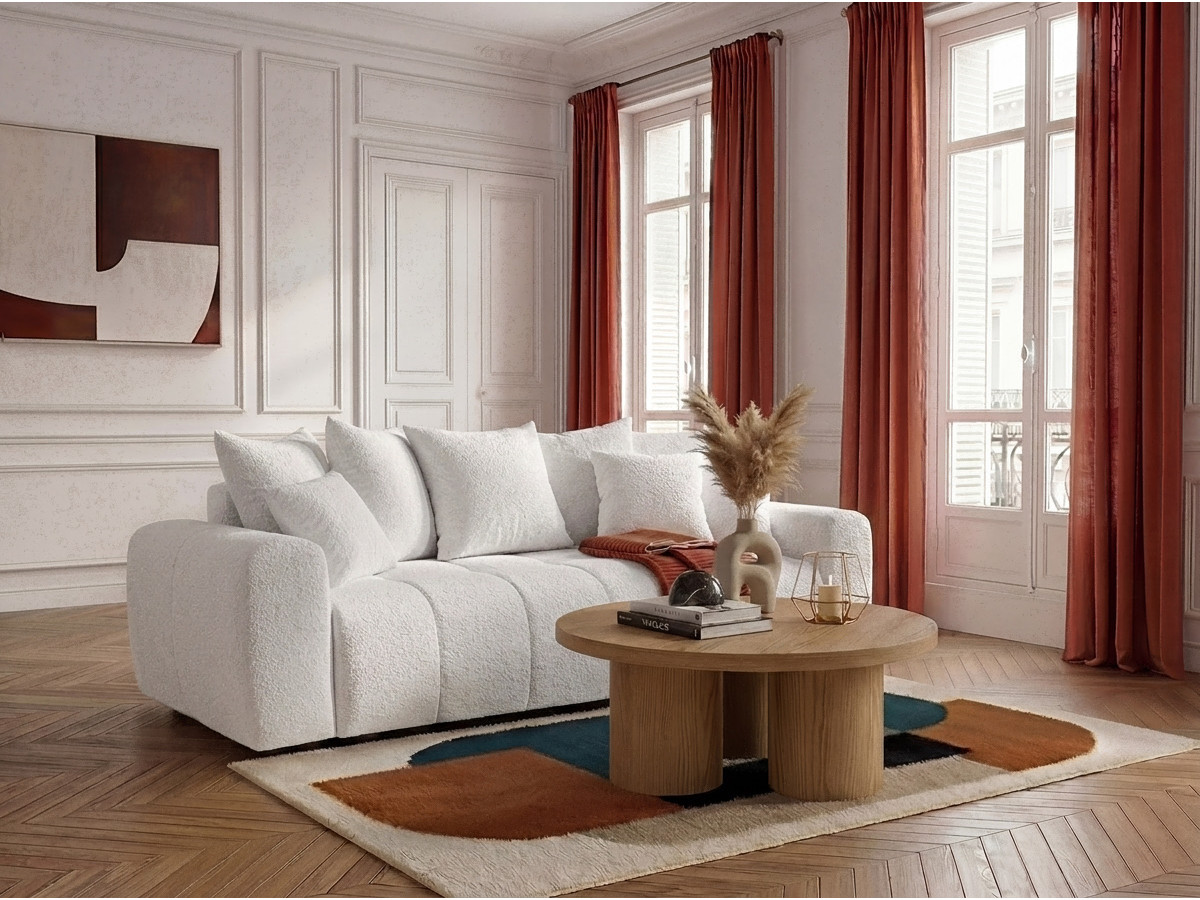 Bobochic Roxelane Schlafsofa 3-Sitzer mit Bettkasten Bouclé-Stoff Weiß