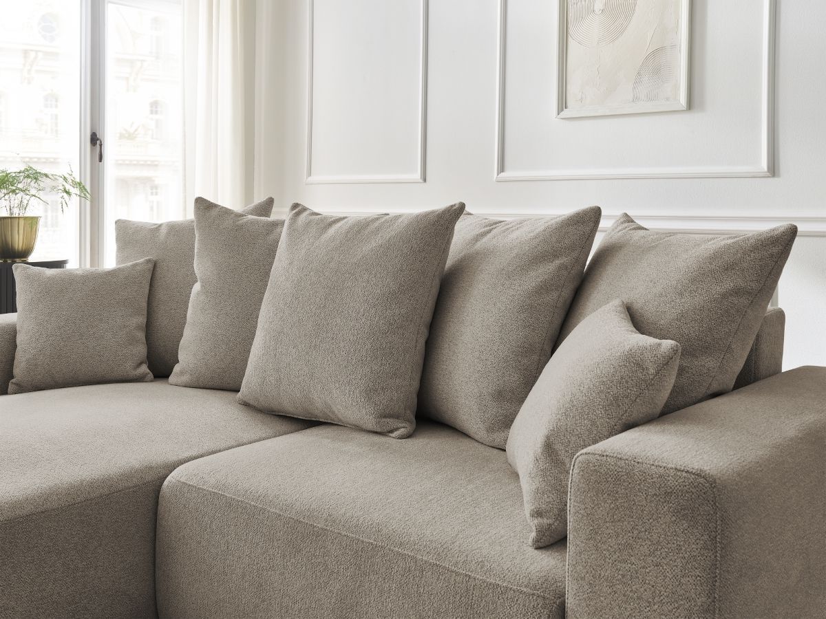 Bobochic Atilla Ecksofa mit Schlaffunktion und Bettkasten Melange-Stoff Taupe Ecke links