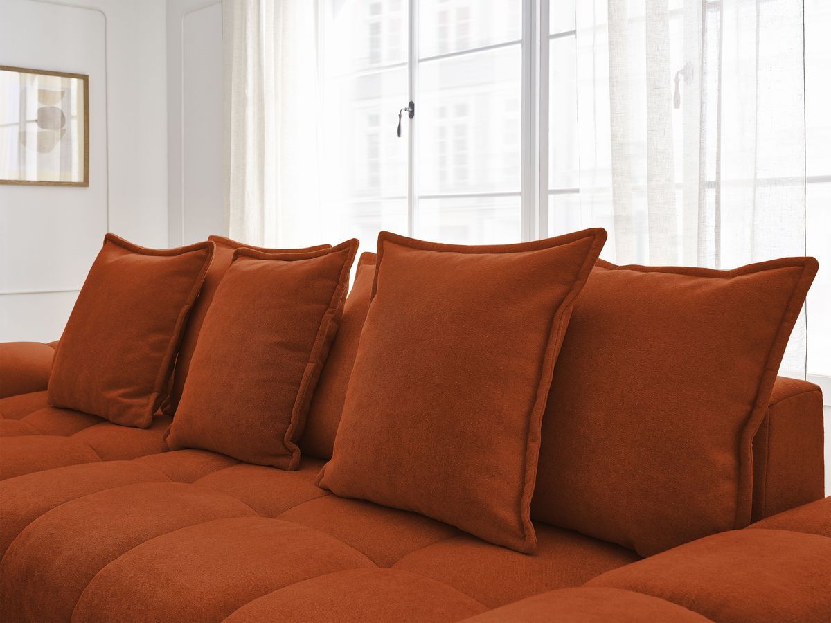 Bobochic Everest Ecksofa mit Schlaffunktion und Bettkasten 318 × 180 cm, 7 Kissen Strukturstoff Orange Ecke links