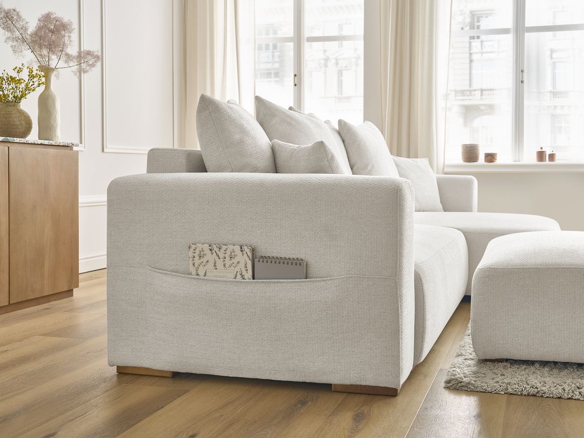 Bobochic Sidonie Ecksofa mit Schlaffunktion und Bettkasten und Pouf Melange-Stoff Beige