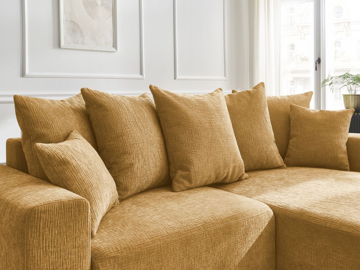 Bobochic Atilla Ecksofa mit Schlaffunktion und Bettkasten Strukturstoff Gelb Ecke rechts