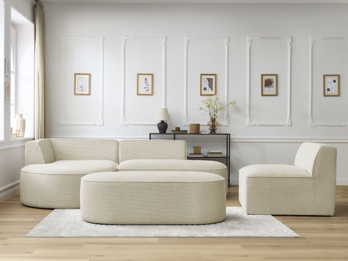 Bobochic Rousseau Ecksofa mit Sofamodul und Pouf Cordsamt Beige Ecke links