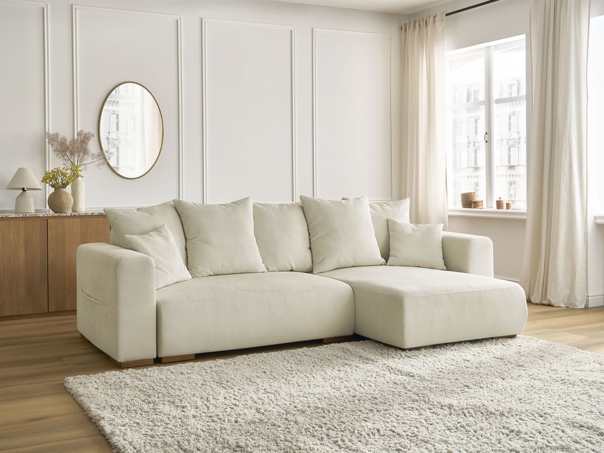 Bobochic Sidonie Ecksofa mit Schlaffunktion und Bettkasten Cordsamt Beige