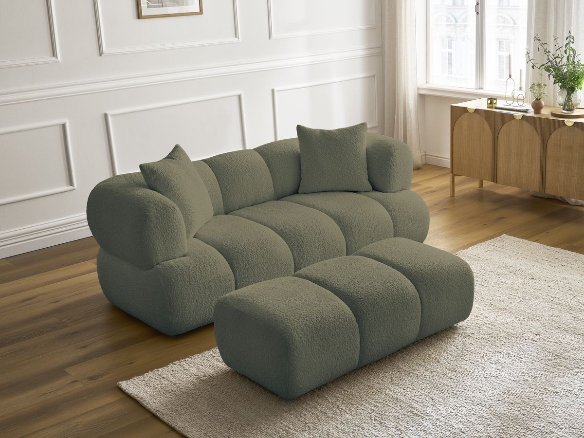 Bobochic Pamira Sofa 2-Sitzer mit Pouf Bouclé-Stoff Grün