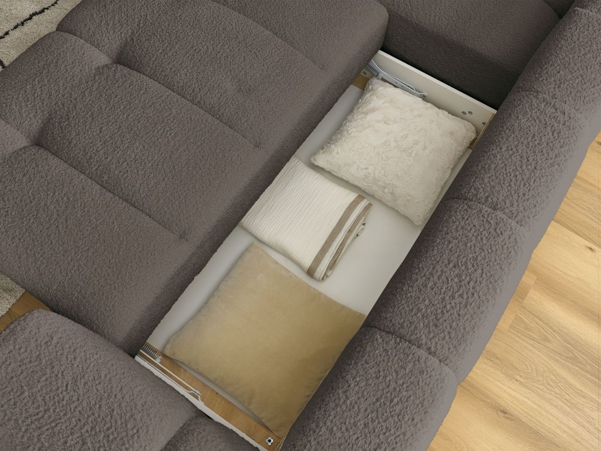 Bobochic Fuji Ecksofa mit Schlaffunktion und Bettkasten und Pouf 282 × 204 cm Bouclé-Stoff Braun Ecke links