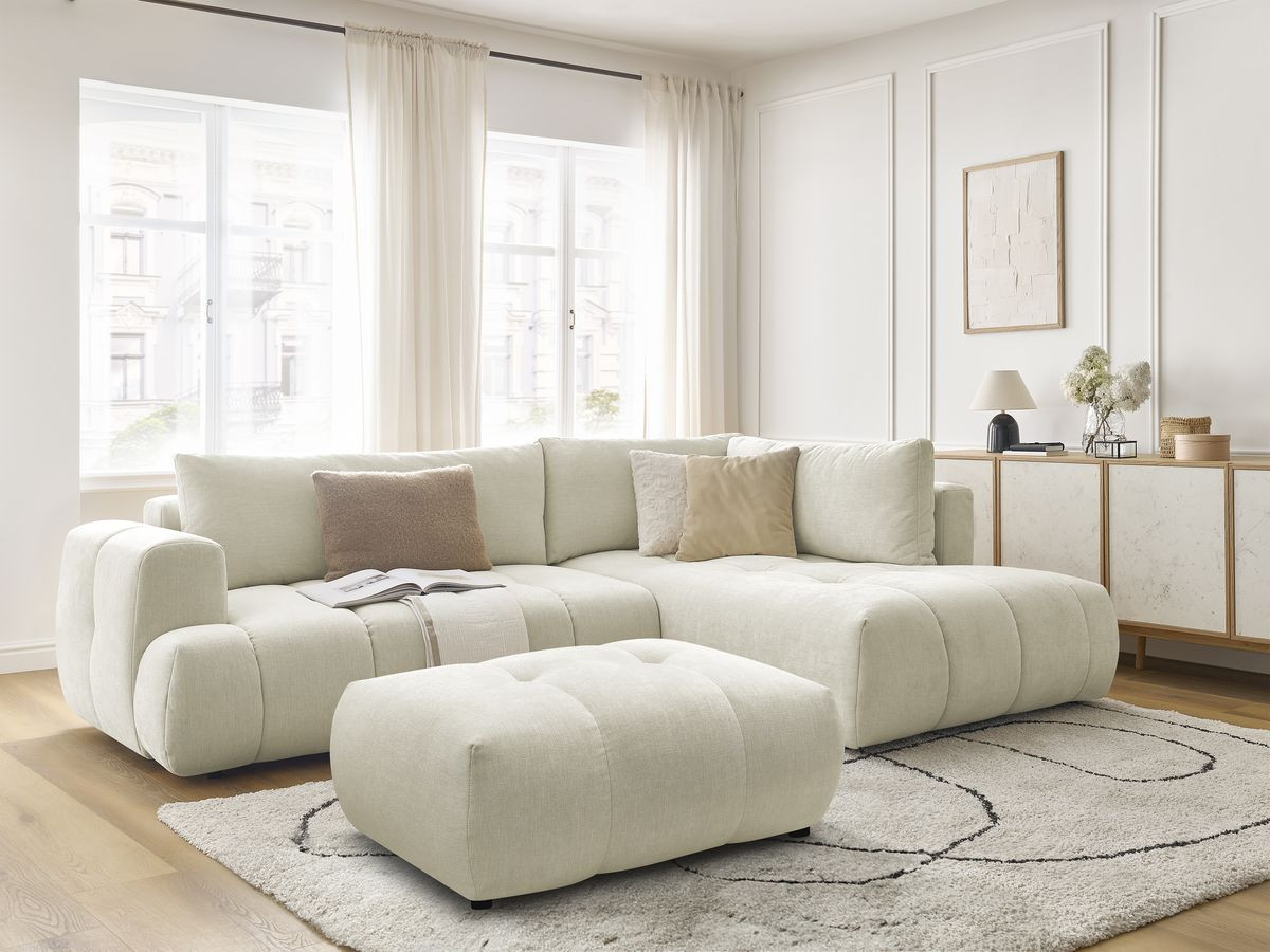 Bobochic Fuji Ecksofa mit Schlaffunktion und Bettkasten und Pouf 282 × 204 cm Stoff Beige Ecke rechts