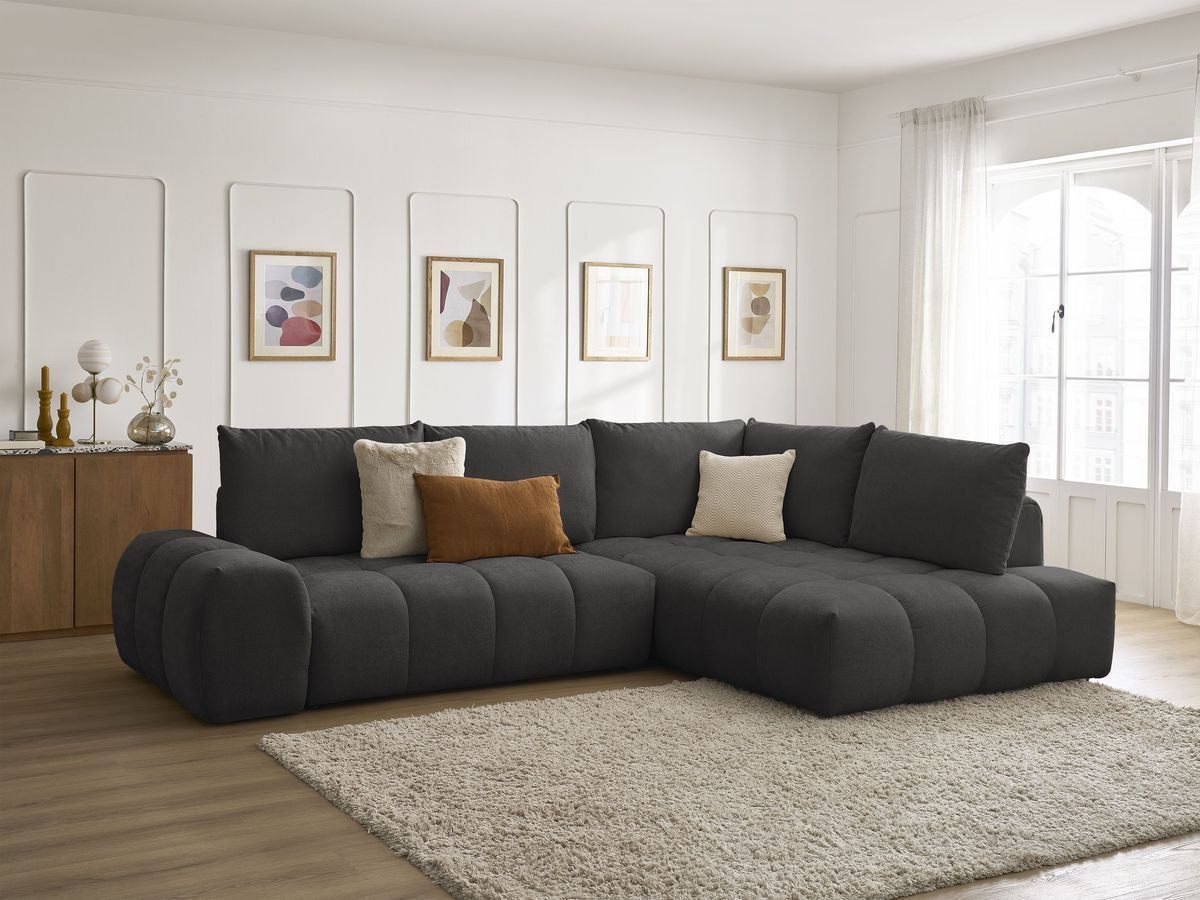 Bobochic Everest Ecksofa mit Schlaffunktion und Bettkasten 320 × 212 cm, 5 Kissen Strukturstoff Schwarz Ecke rechts