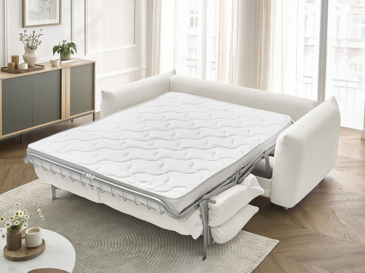 Bobochic Ernest Schlafsofa 3-Sitzer, Liegefläche 190 × 140 / 160 cm Bouclé-Stoff Weiß, Liegefläche 140 × 190 cm