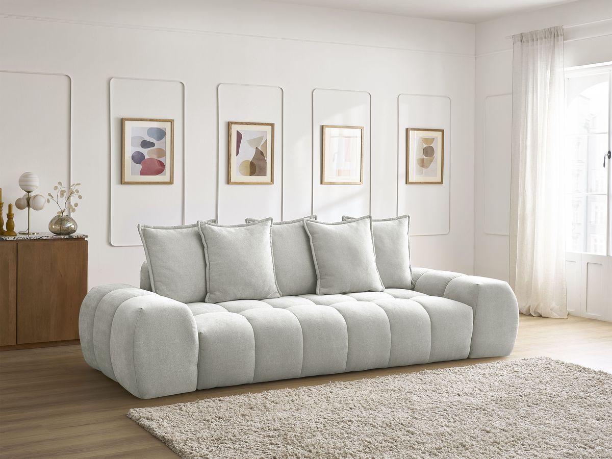 Bobochic Everest Schlafsofa 3-Sitzer mit Bettkasten, 5 Kissen Strukturstoff Hellgrau