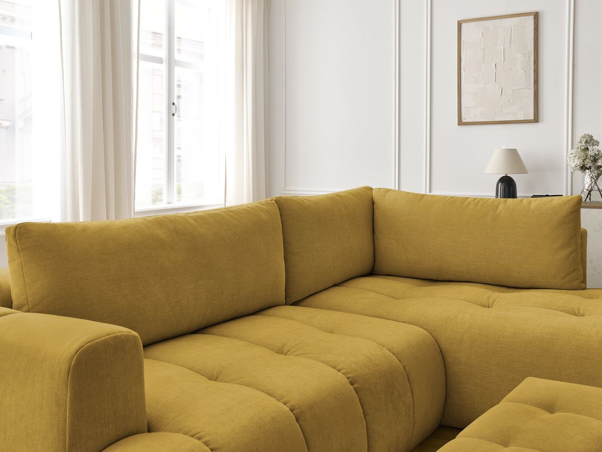Bobochic Fuji Ecksofa mit Schlaffunktion und Bettkasten und Pouf 282 × 204 cm Stoff Gelb Ecke rechts