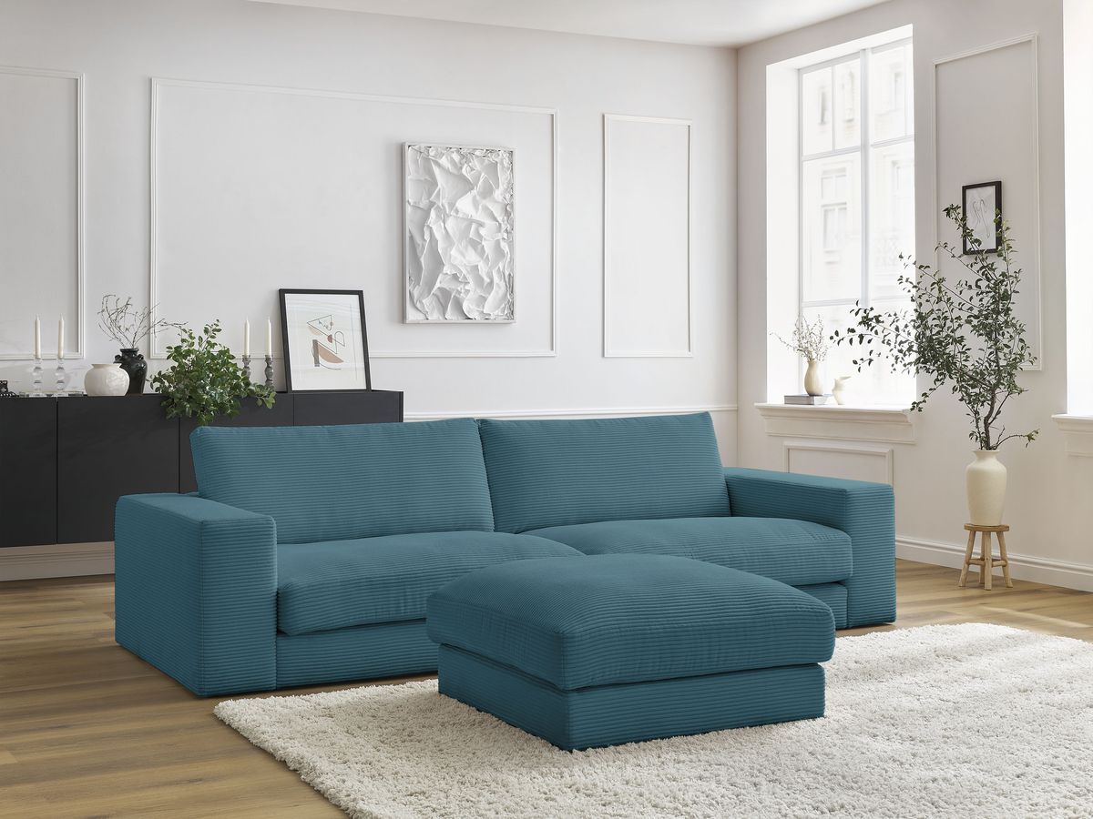 Bobochic Leonard Sofa 4-Sitzer mit Pouf 234 × 109 cm Cordsamt Hellblau