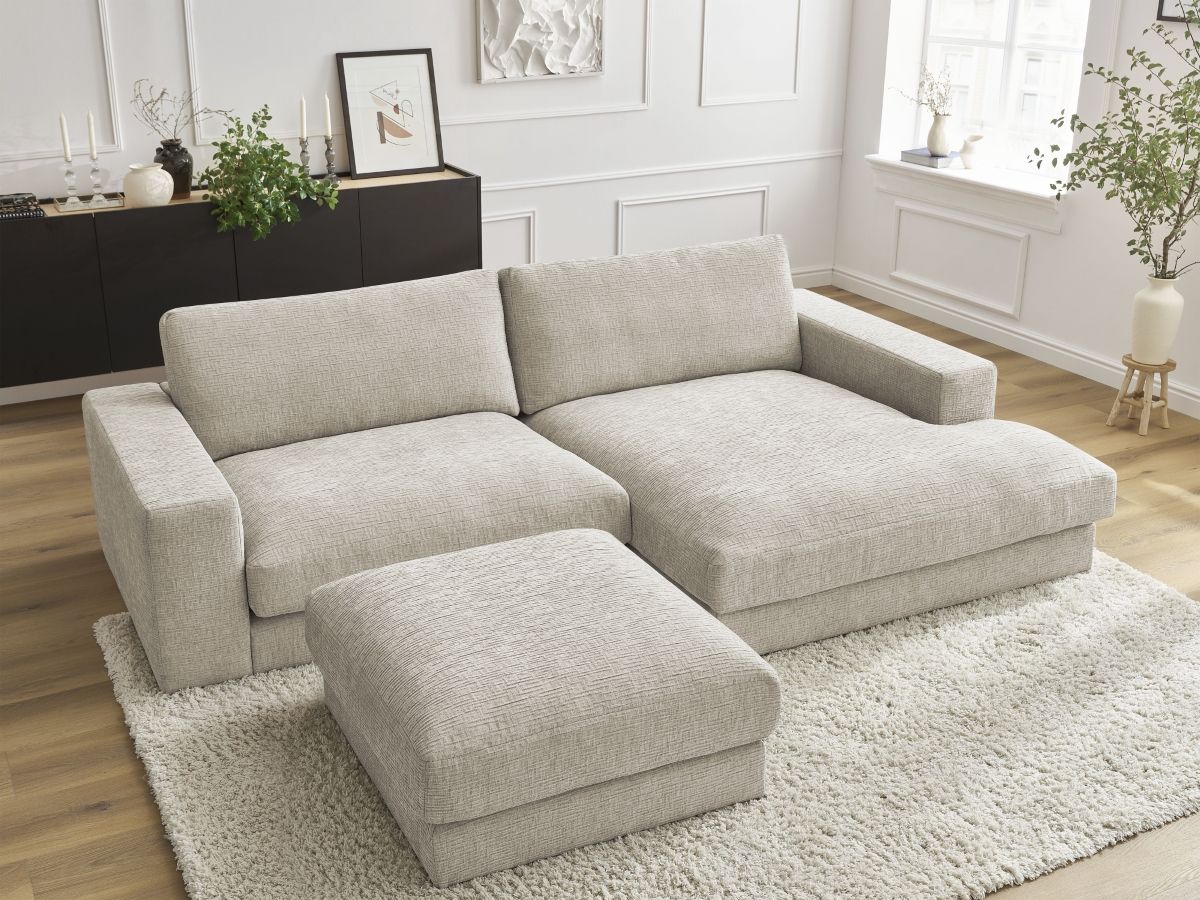 Bobochic Leonard Ecksofa mit Pouf 274 × 159 cm Strukturstoff Beige Ecke rechts