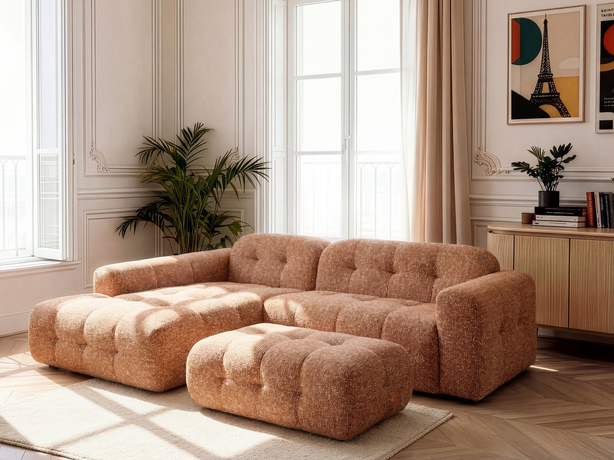 Bobochic Laura Ecksofa mit großem Pouf Melange-Stoff Orange Ecke links
