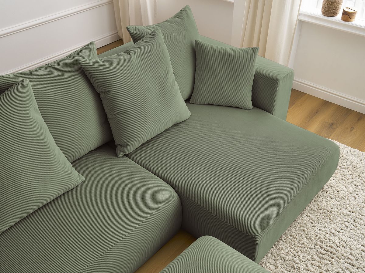 Bobochic Sidonie Ecksofa mit Schlaffunktion und Bettkasten und Pouf Cordsamt Grün