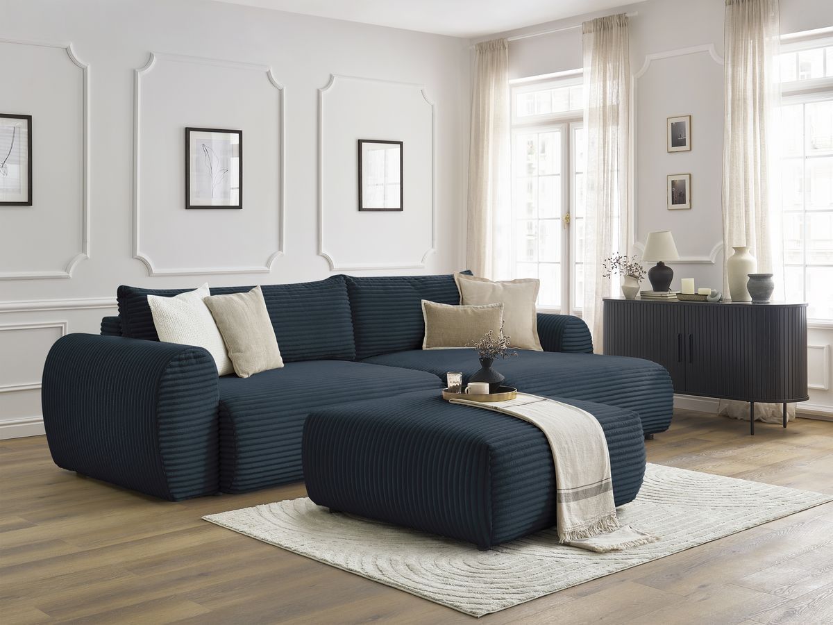 Bobochic Lucien Ecksofa mit Schlaffunktion und Bettkasten und Pouf 314 × 167 cm Breitcord weich Dunkelblau Ecke rechts