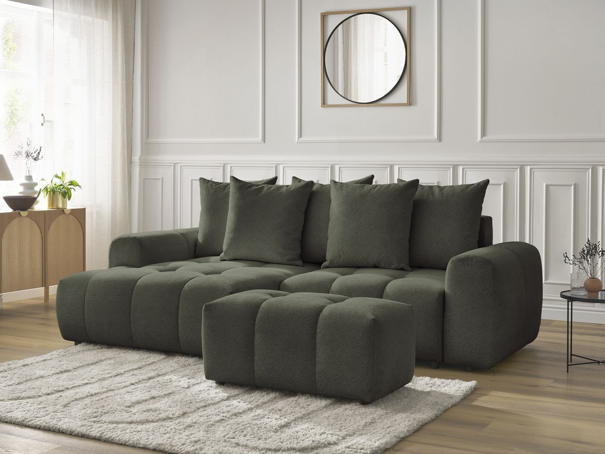 Bobochic Roxelane Ecksofa mit Schlaffunktion und Bettkasten und Pouf 258 × 150 cm Melange-Stoff Grün Ecke links