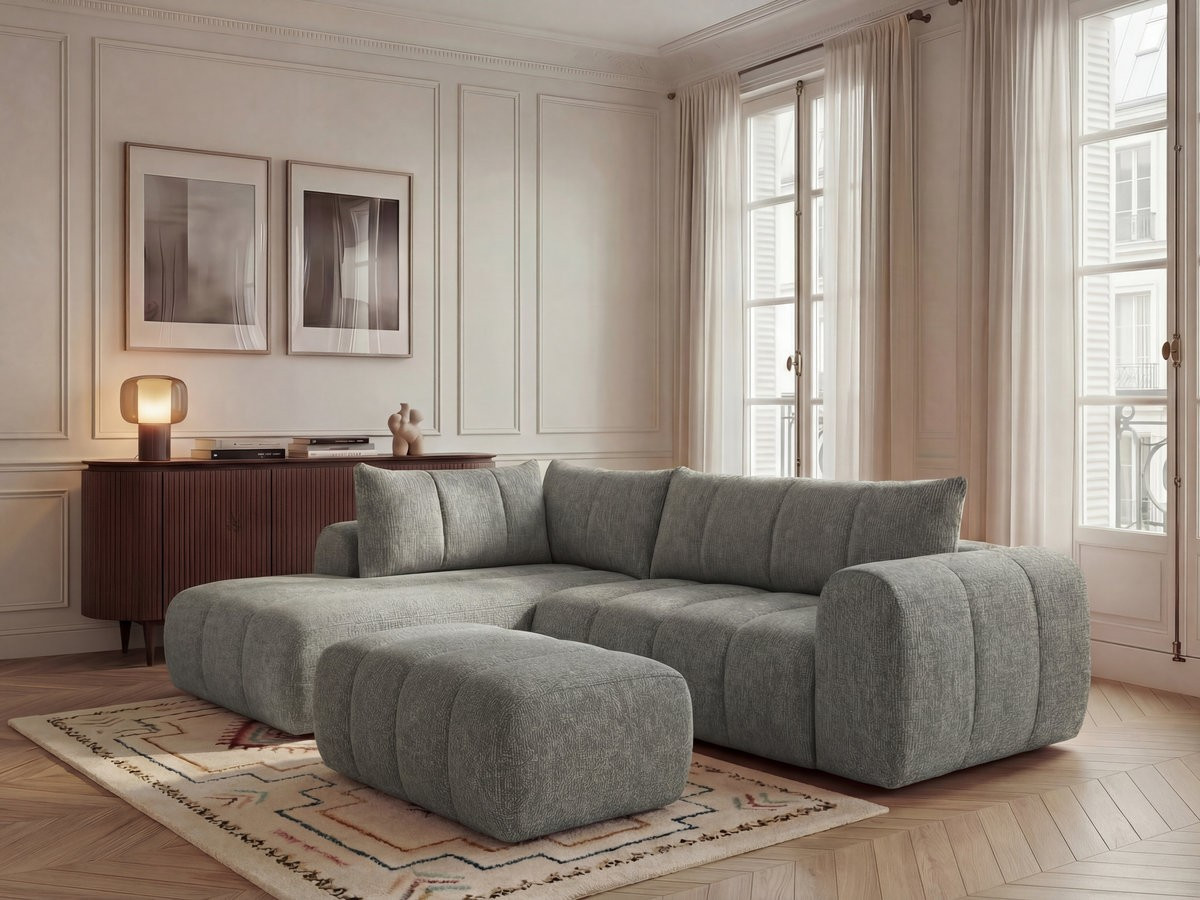 Bobochic Nesty Ecksofa in L-Form, 256 cm, mit Pouf Melange-Stoff Dunkelgrau Ecke links
