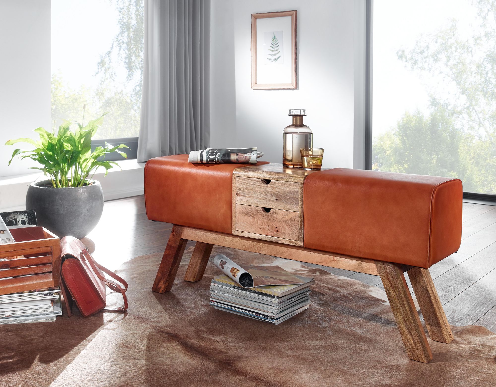 Sitzbank Hoffell Echtleder Braun 120 × 30 × 56 cm