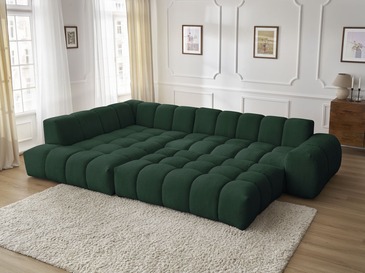 Bobochic Everest Ecksofa mit Schlaffunktion und Pouf, 4 Kissen Strukturstoff Grün Ecke links