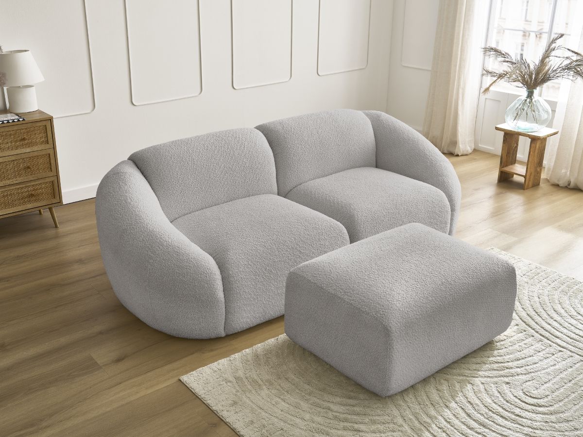 Bobochic Tina Sofa 3-Sitzer mit Pouf Bouclé-Stoff Hellgrau