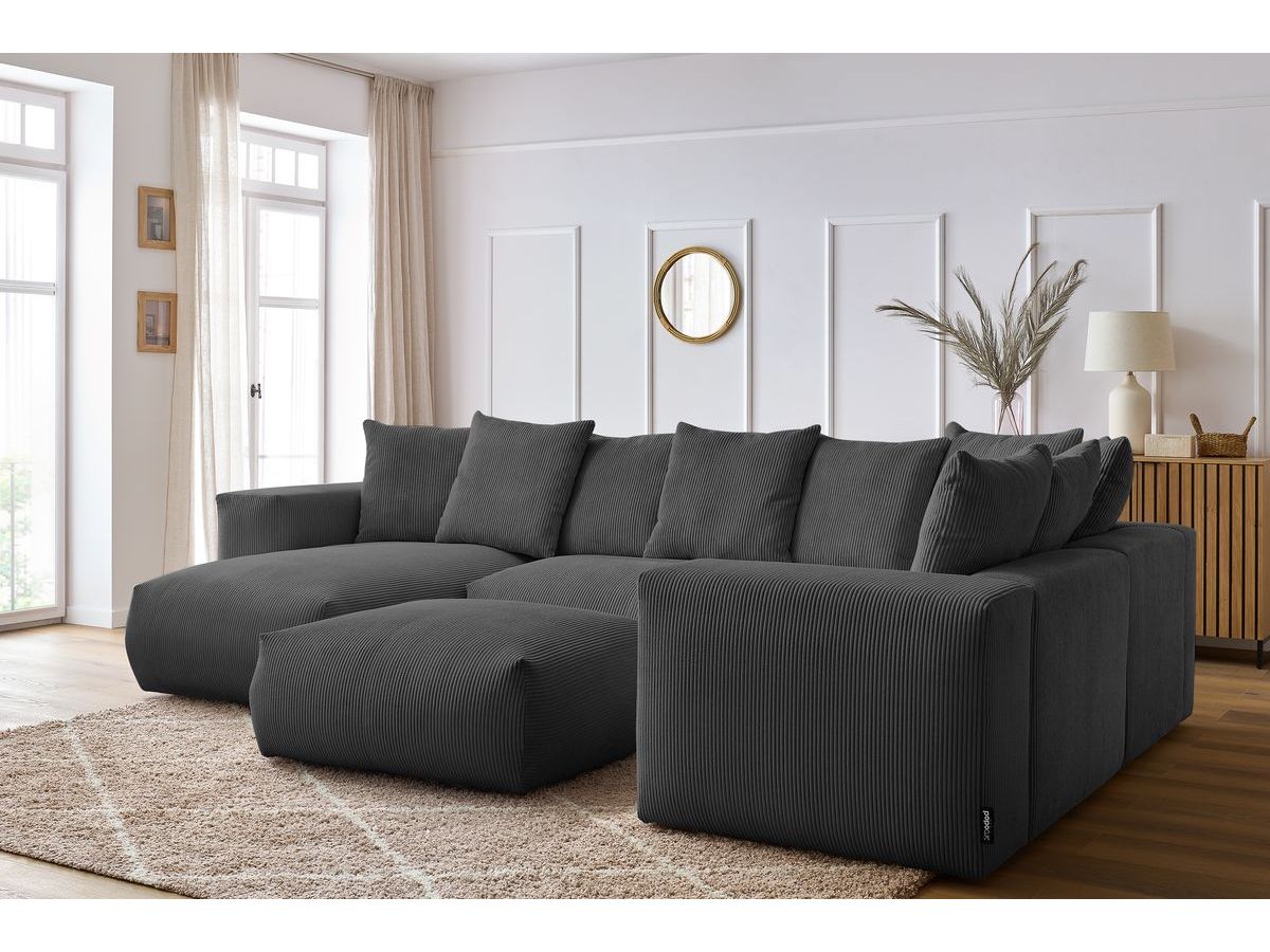 Bobochic Voltaire Wohnlandschaft mit Pouf 356 × 214 cm Cordsamt Dunkelgrau Ecke links