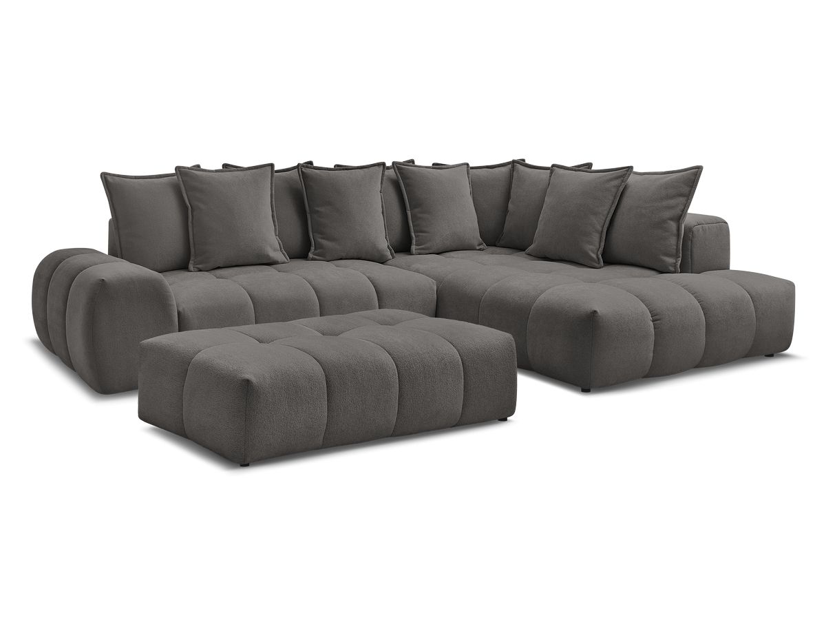 Bobochic Everest Ecksofa mit Schlaffunktion und Bettkasten und Pouf 320 × 212 cm, 10 Kissen Strukturstoff Dunkelgrau Ecke rechts