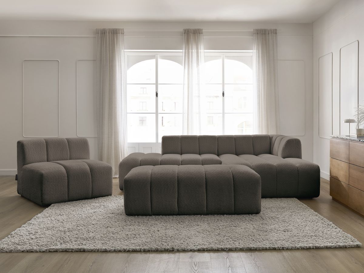 Bobochic Annecy Ecksofa mit Sofamodul und Pouf Bouclé-Stoff Braun Ecke rechts