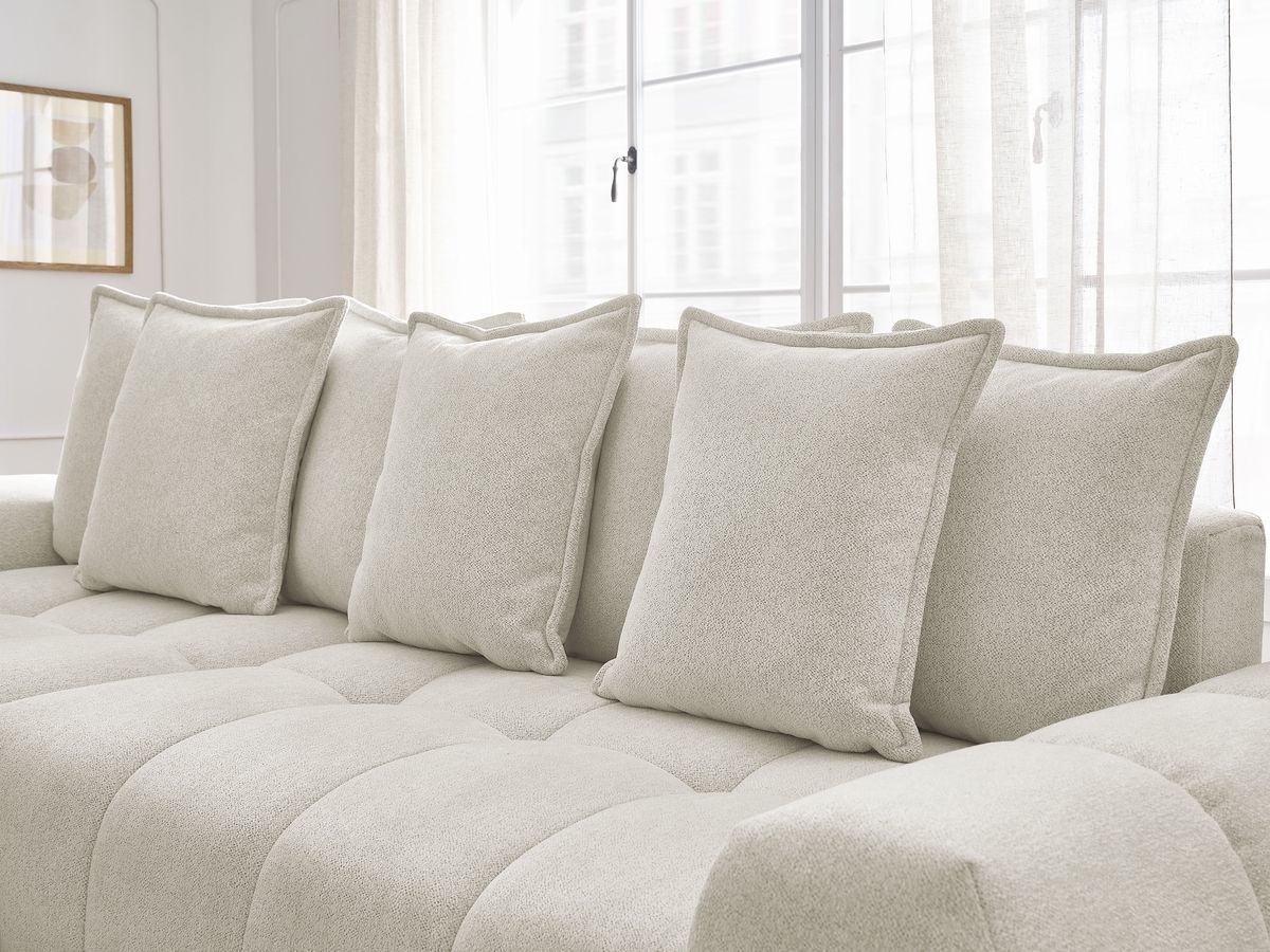 Bobochic Everest Ecksofa mit Schlaffunktion und Bettkasten 318 × 180 cm, 7 Kissen Melange-Stoff Weiß Ecke links