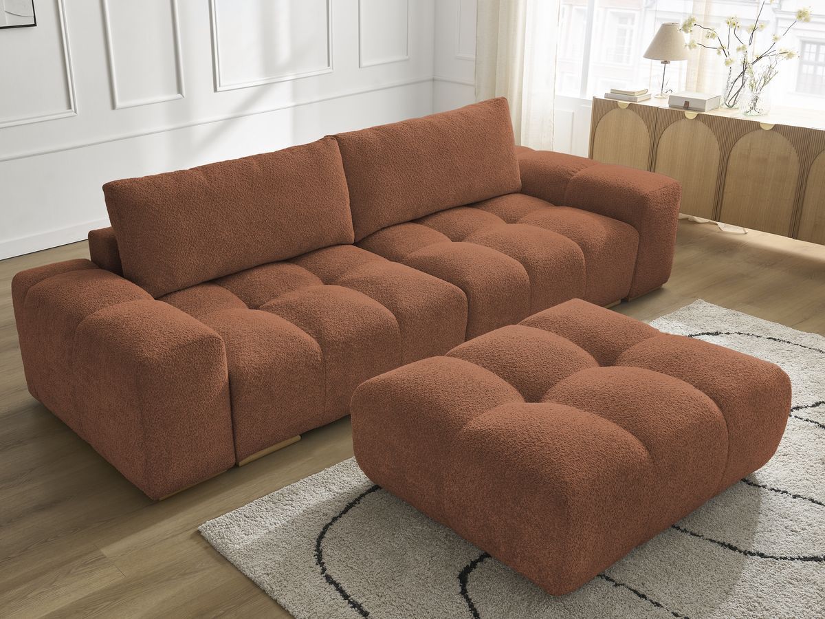 Bobochic Anakin Sofa 3-Sitzer mit Pouf, 2 Kissen Bouclé-Stoff Orange