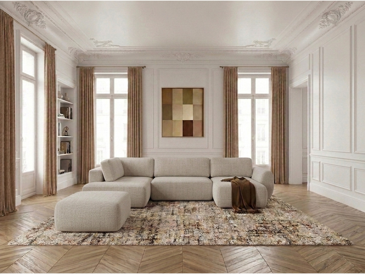 Bobochic Denise Wohnlandschaft mit Pouf Strukturstoff Beige Ecke rechts