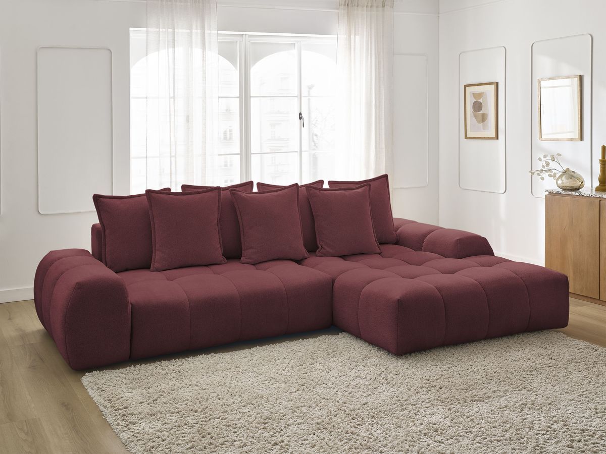 Bobochic Everest Ecksofa mit Schlaffunktion und Bettkasten 318 × 180 cm, 7 Kissen Melange-Stoff Rot Ecke rechts
