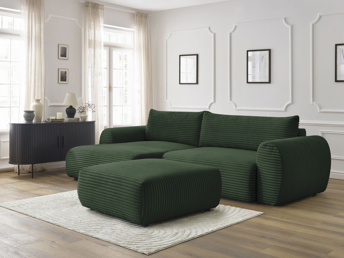 Bobochic Lucien Ecksofa mit Schlaffunktion und Bettkasten und Pouf 314 × 167 cm Breitcord weich Grün Ecke links