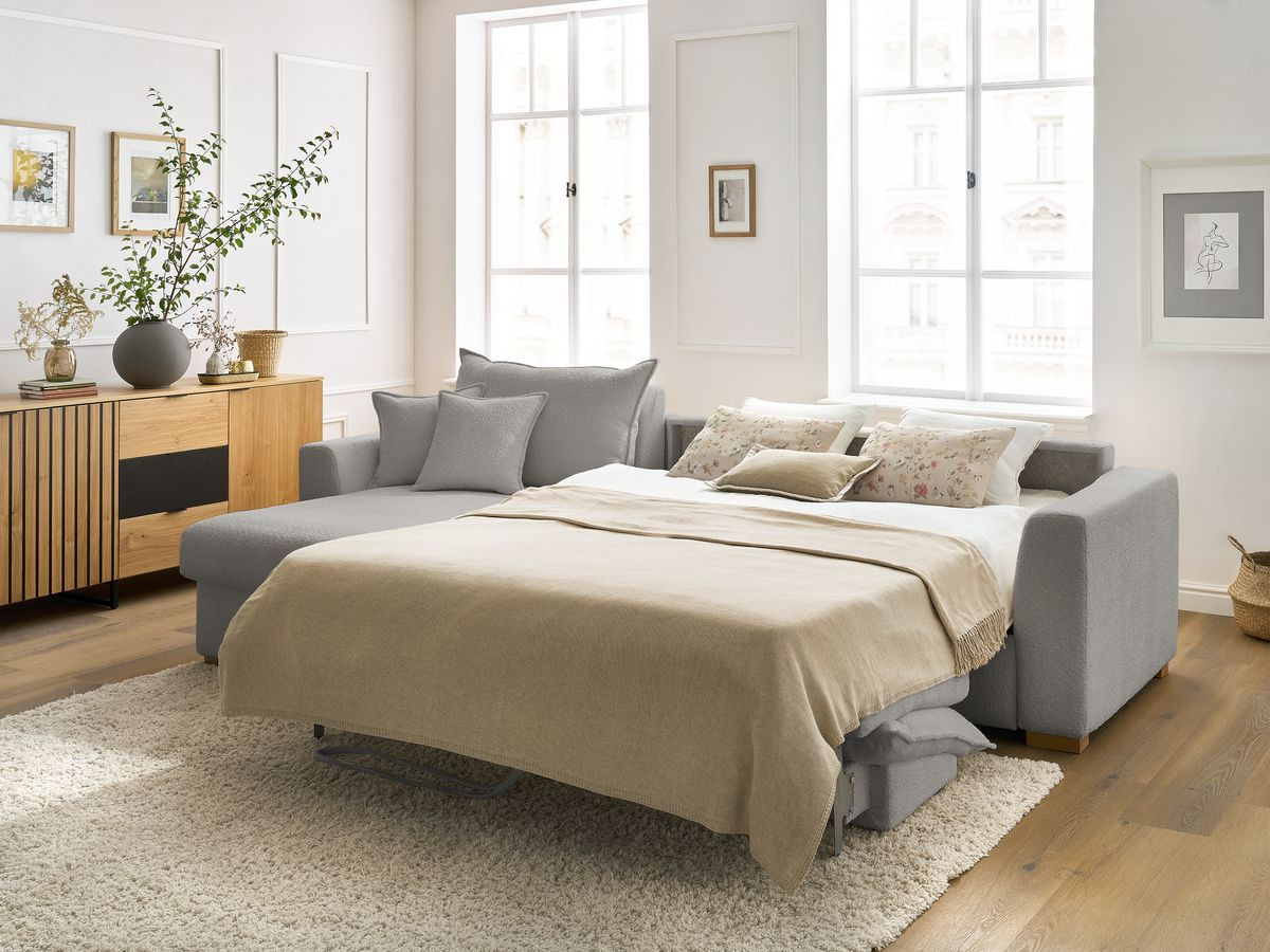 Bobochic Augustin Ecksofa mit Schlaffunktion und Bettkasten Bouclé-Stoff Hellgrau, Liegefläche 160 × 200 cm