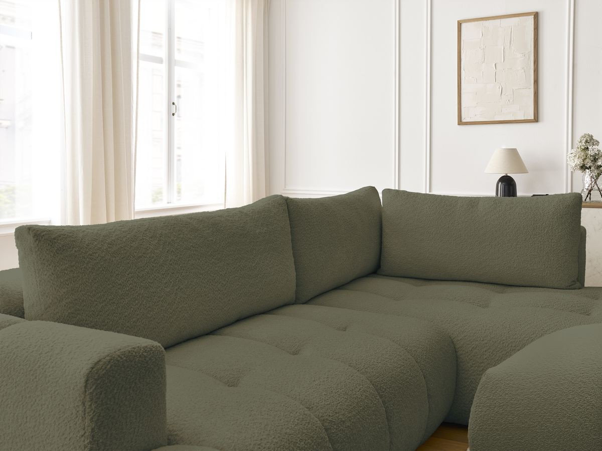 Bobochic Fuji Ecksofa mit Schlaffunktion und Bettkasten und Pouf 282 × 204 cm Bouclé-Stoff Grün Ecke rechts