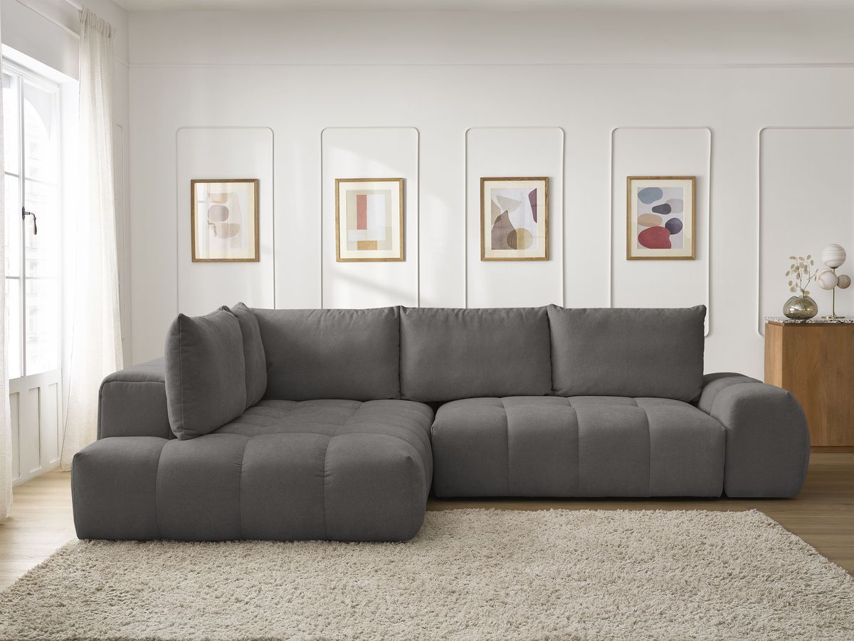 Bobochic Everest Ecksofa mit Schlaffunktion und Bettkasten 320 × 212 cm, 5 Kissen Strukturstoff Dunkelgrau Ecke links