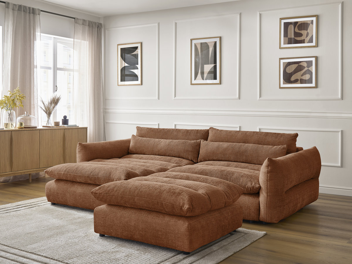 Bobochic Neil Ecksofa mit Pouf Strukturstoff Orange Ecke links