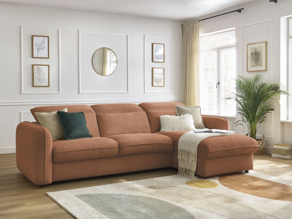 Bobochic Achille Ecksofa mit Schlaffunktion und Bettkasten Melange-Stoff Orange, Liegefläche 160 × 200 cm