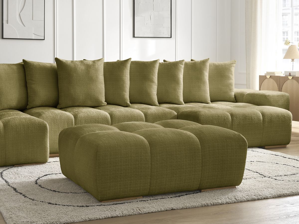Bobochic Anakin Wohnlandschaft mit Pouf, Liegefläche 137 × 382 cm, 10 Kissen Strukturstoff Grün