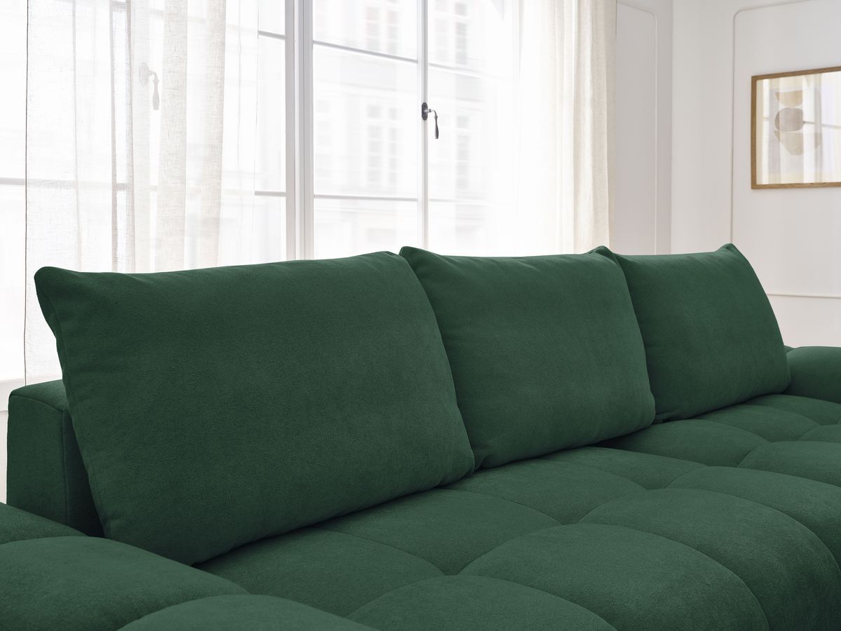 Bobochic Everest Ecksofa mit Schlaffunktion und Bettkasten 318 × 180 cm, 3 Kissen Strukturstoff Grün Ecke rechts