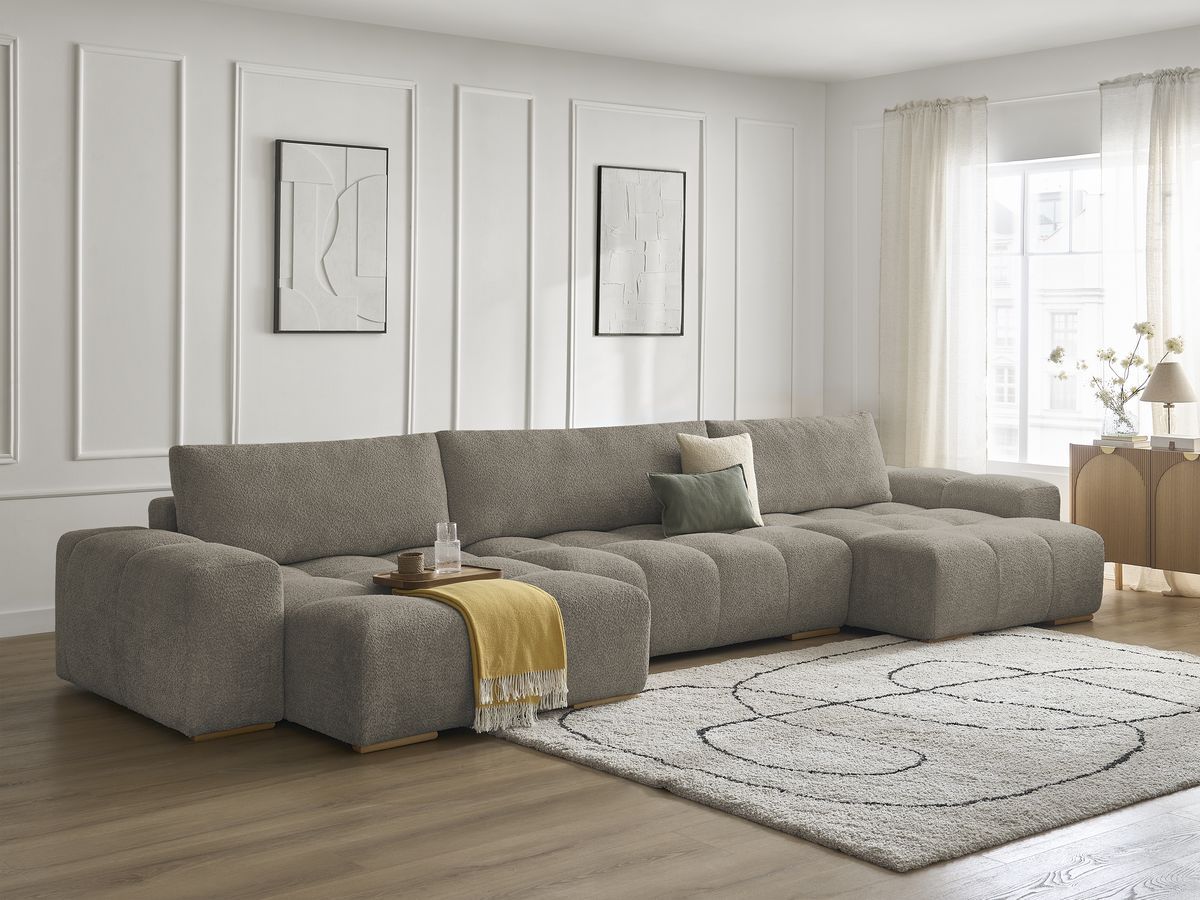 Bobochic Anakin Wohnlandschaft, Liegefläche 137 × 382 cm, 3 Kissen Bouclé-Stoff Taupe