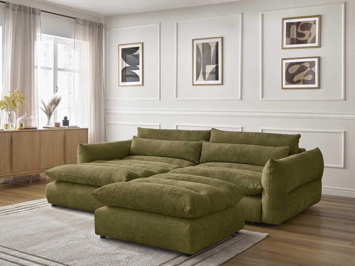 Bobochic Neil Ecksofa mit Pouf Strukturstoff Grün Ecke links