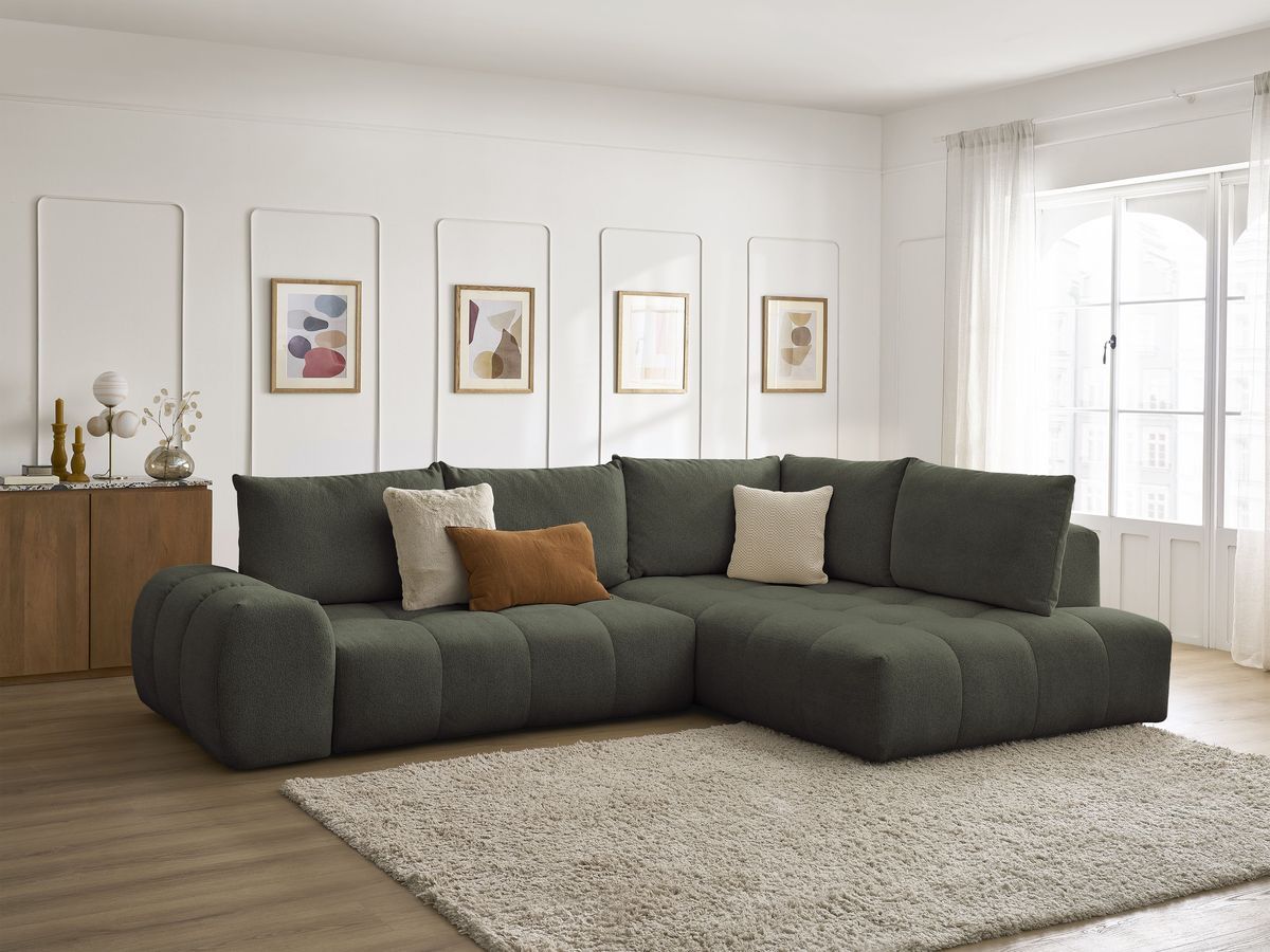 Bobochic Everest Ecksofa mit Schlaffunktion und Bettkasten 320 × 212 cm, 5 Kissen Melange-Stoff Grün Ecke rechts