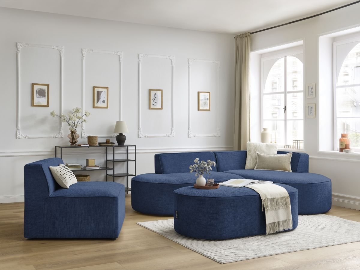 Bobochic Rousseau Ecksofa mit Sofamodul und Pouf Strukturstoff Dunkelblau Ecke rechts